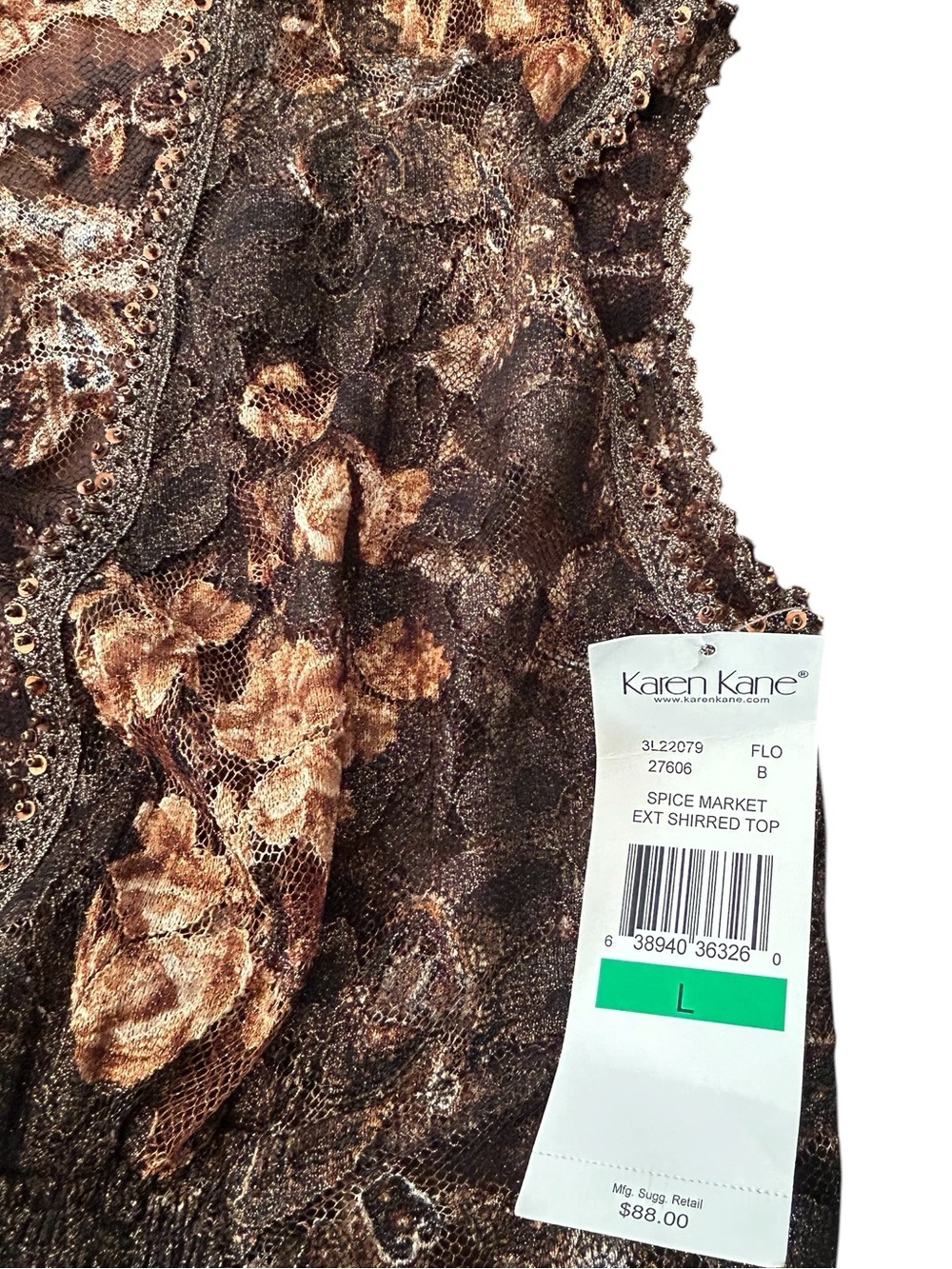 Karen Kane Brown Floral Lace-Trim V-Neck Spice Market Shirred Top SZ L Rare NWT - Picture 5 of 14